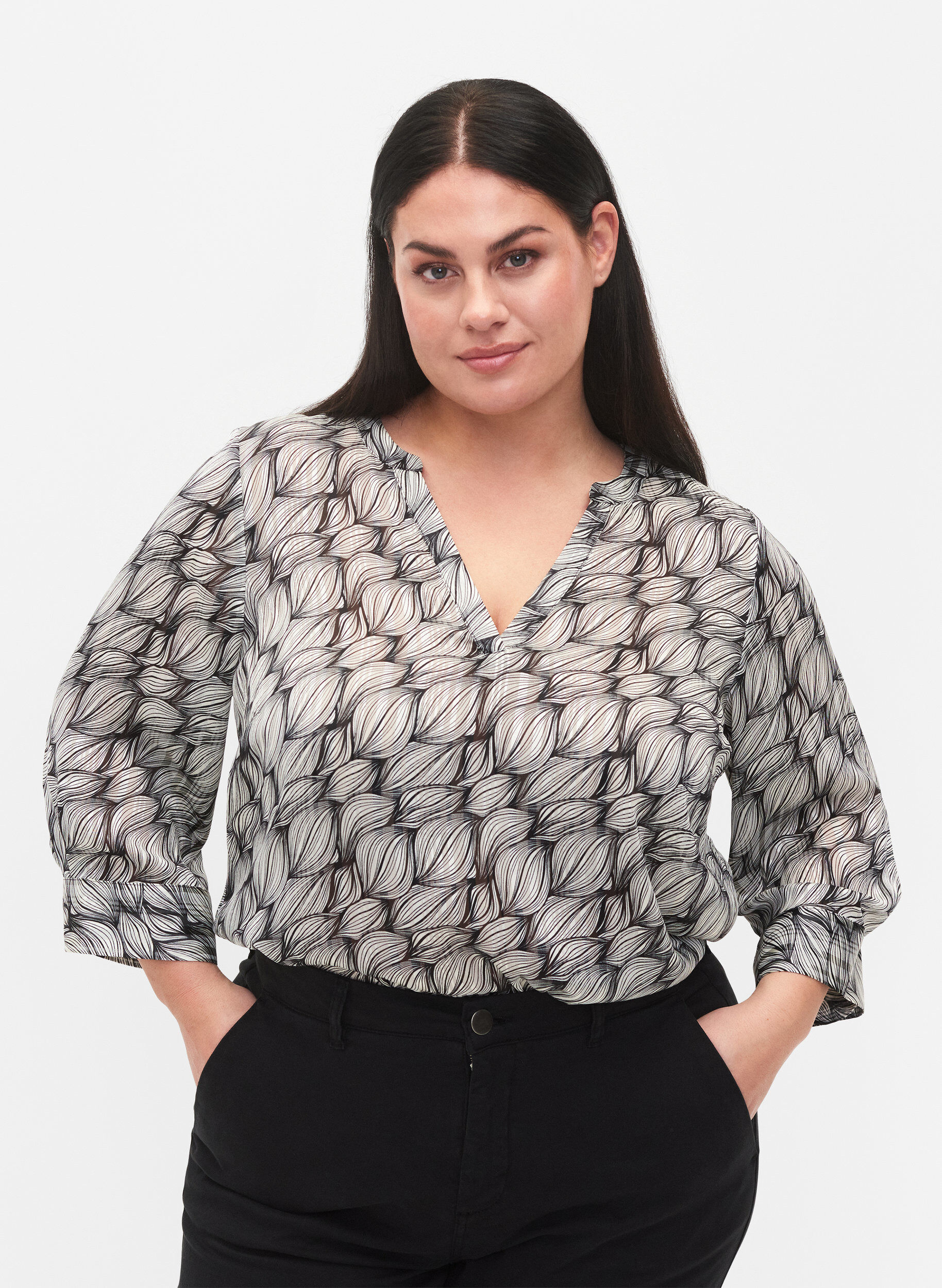 Zizzi Blouse met print en 3/4 mouwen, Black White Leaf, Model image number 0