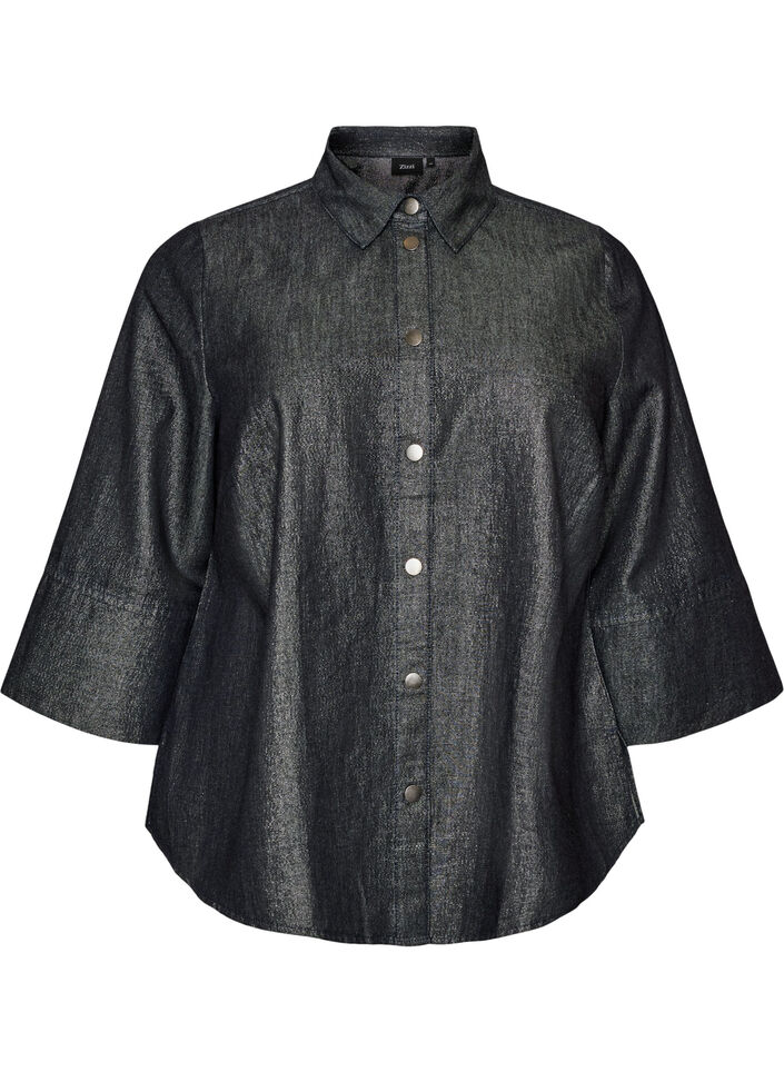 Denimshirt met glitterdraad en 3/4-mouwen, Grijs, Packshot image number 0