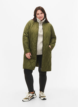 Lange gevoerde jas met zakken en rits, Winter Moss, Model image number 4