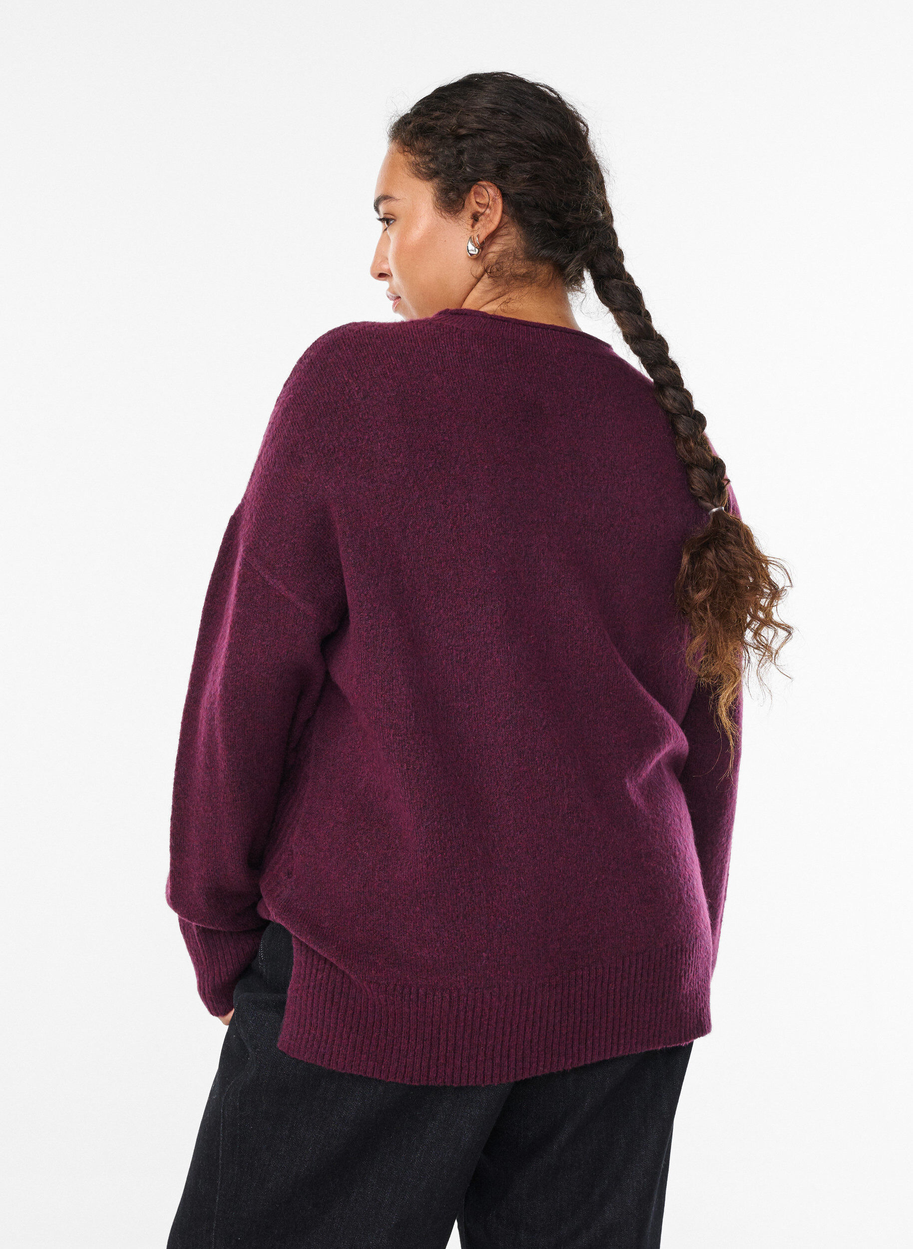 ZizziGebreide blouse met V-vormig geribd patroon en zijsplitjes, Paars, Model image number 2