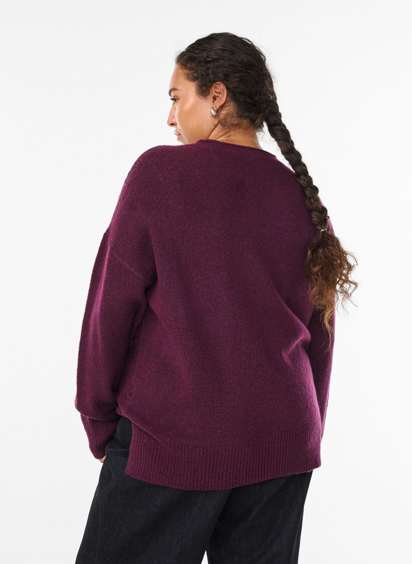 Gebreide blouse met V-vormig geribd patroon en zijsplitjes, Paars, Model image number 2