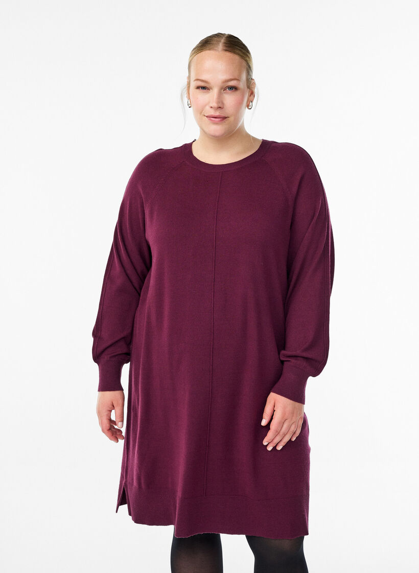 Korte gebreide jurk met raglanmouwen en een middennaad, Rood, Model image number 0