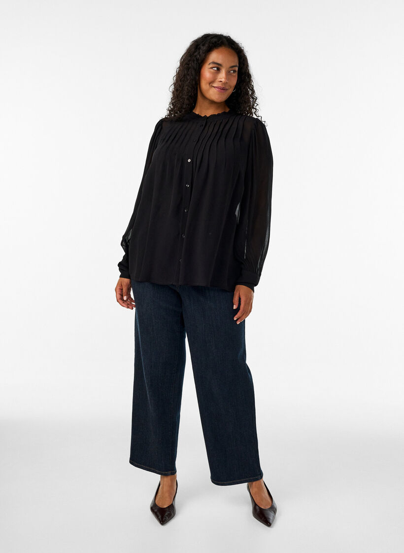 Viscose blouse met een ruchekraag, Zwart, Model image number 1