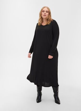 Effen kleurige jurk met lange mouwen en splitten, Black, Model image number 2