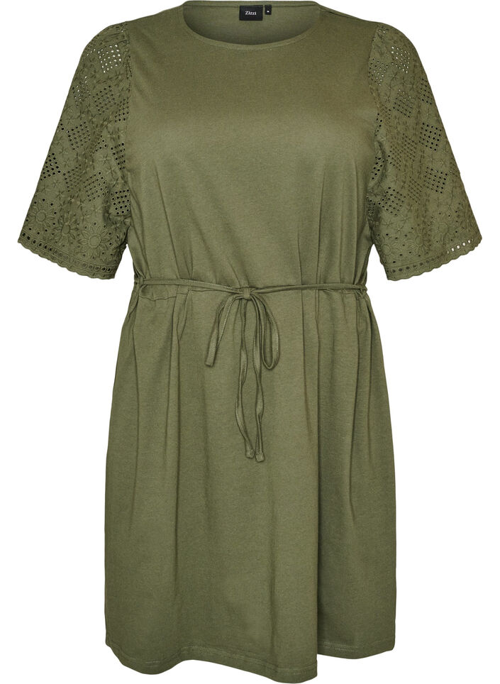 Katoenen jurk met broderie anglaise mouwen en een strik in de taille, Groen, Packshot image number 0