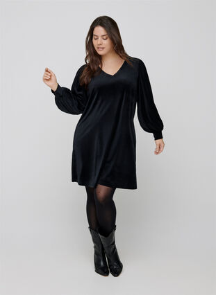 Velours jurk met lange pofmouwen, Black, Model image number 2