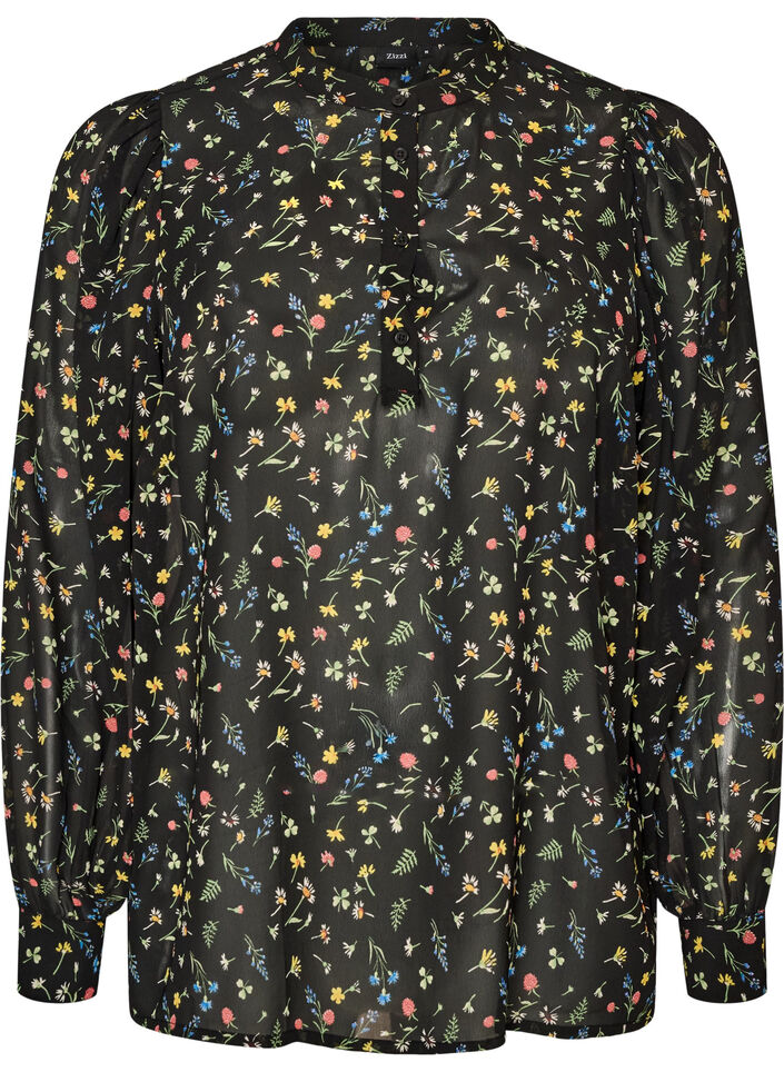 Blouse met all-overprint en korte knoopsluiting, Zwart, Packshot image number 0
