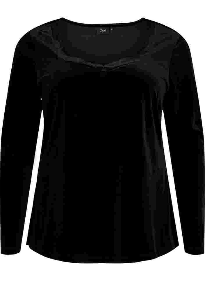 Velours blouse met lange mouwen, Black, Packshot image number 0