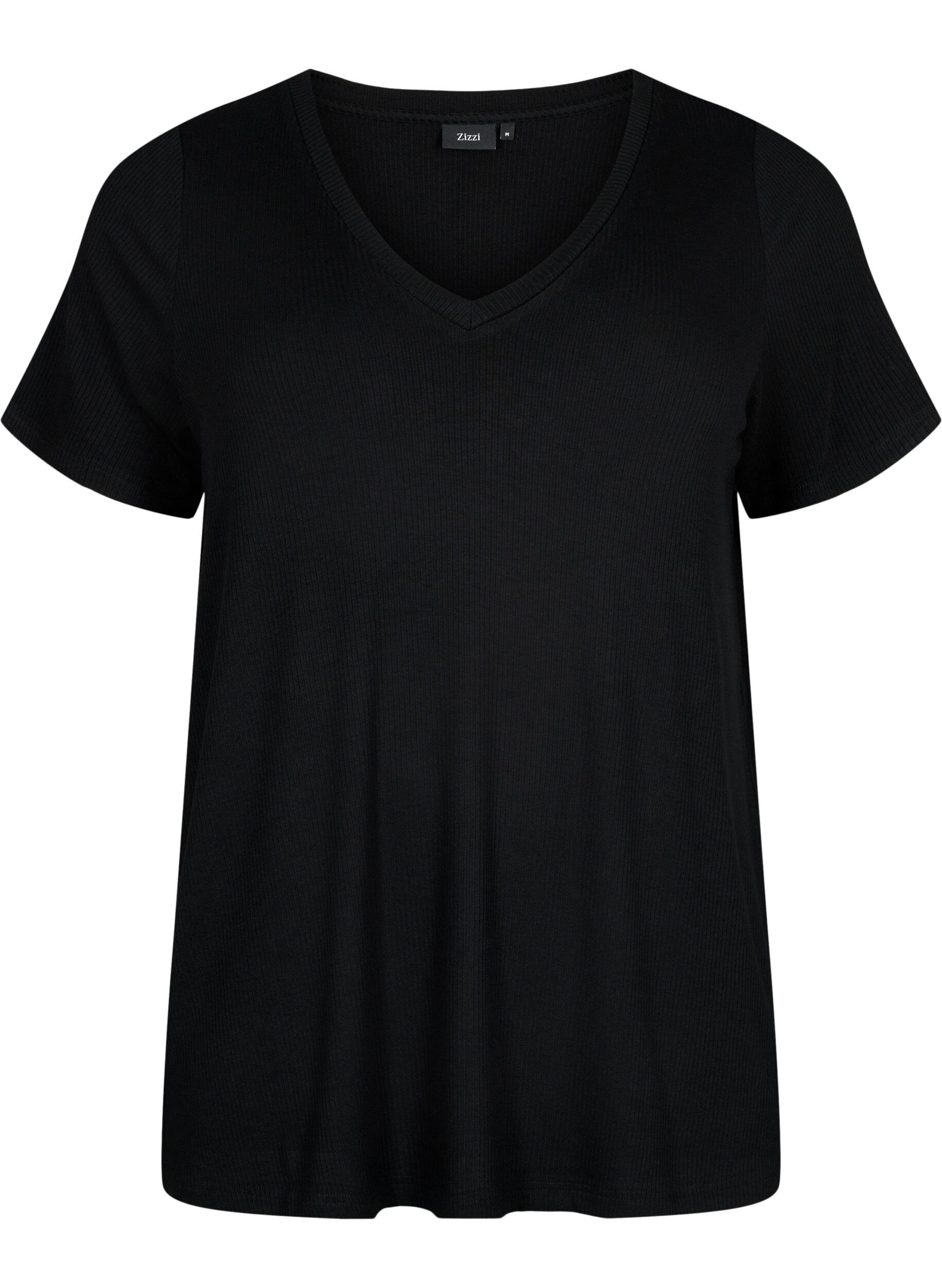 Zizzi Geribd viscose t-shirt met v-hals, Black, Packshot image number 0