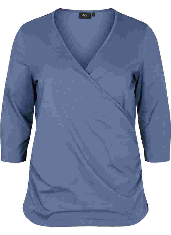 Katoenen blouse met 3/4 mouwen en wikkel, Vintage Indigo, Packshot image number 0
