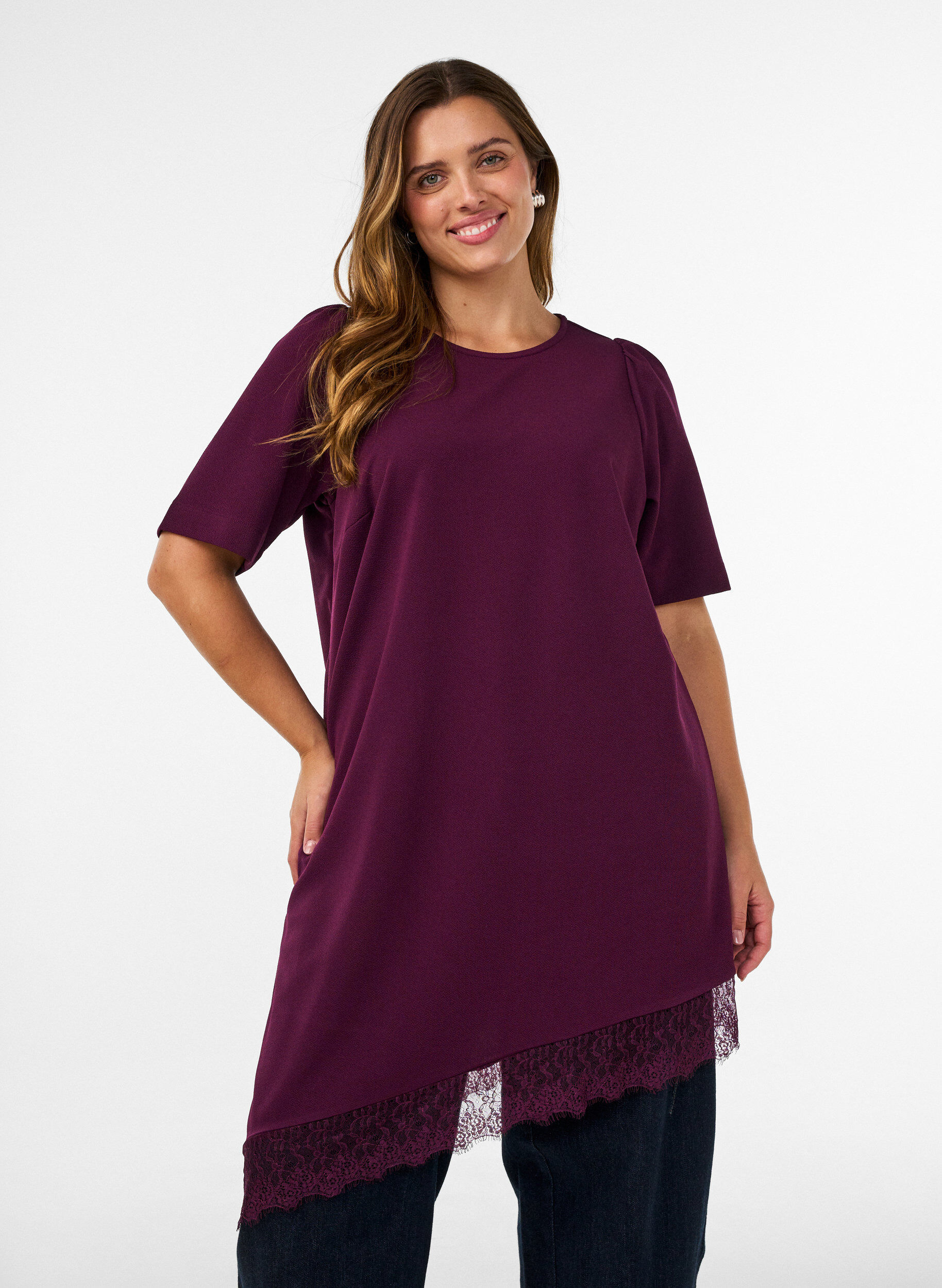 ZizziTuniek met asymmetrische kanten rand, Paars, Model image number 0