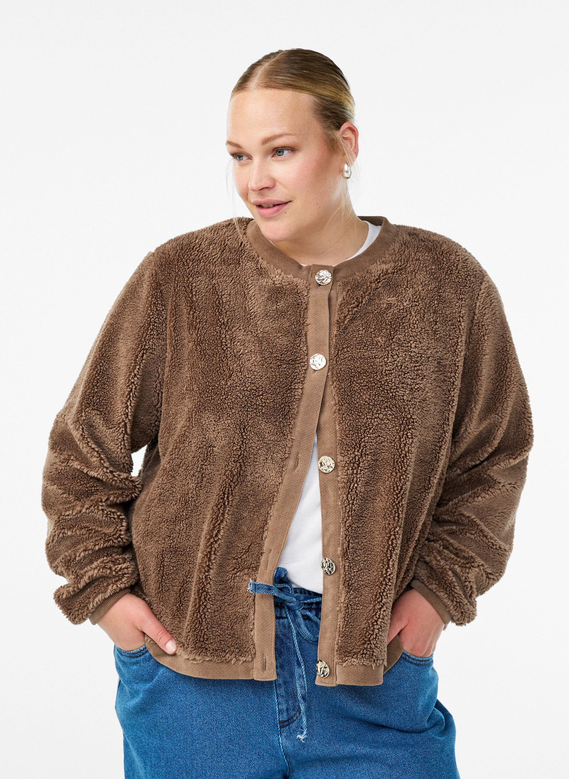 Teddy cardigan met decoratieve knopen, Bruin, Model