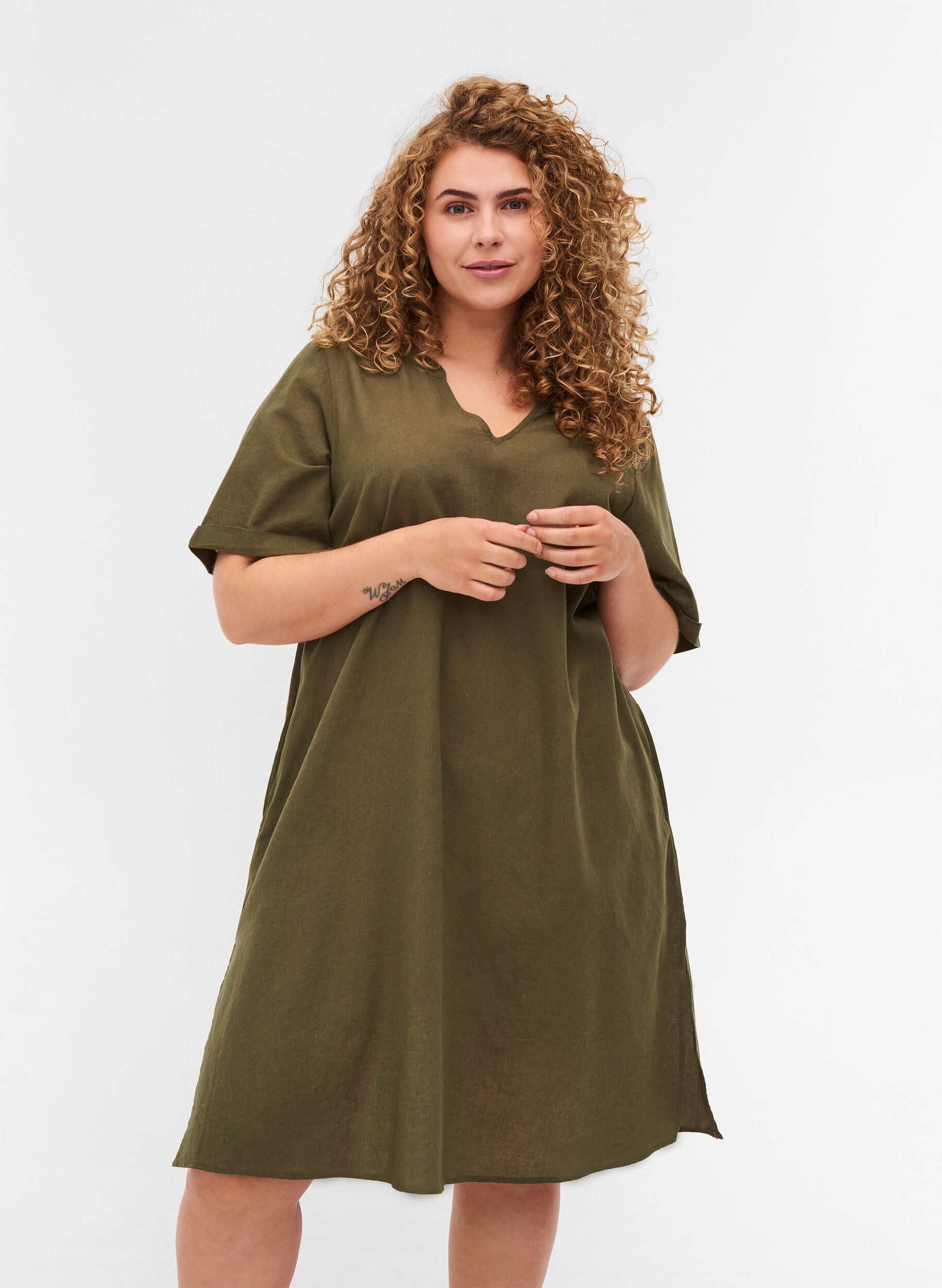 Zizzi Jurk met korte mouwen van katoenmix met linnen, Ivy Green, Model image number 0