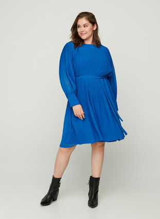 Plissé jurk met lange mouwen en striksluiting, Classic Blue , Model image number 3