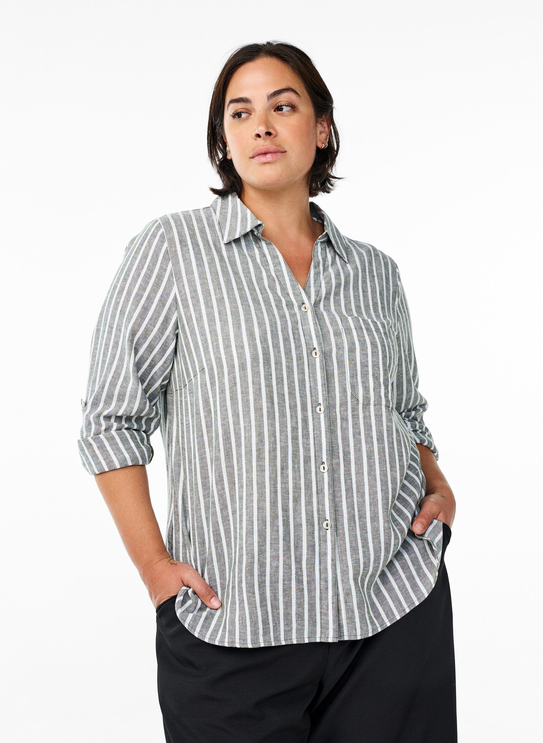 Zizzi Linnen en viscose shirt met 3/4 mouwen, Groen, Model image number 0