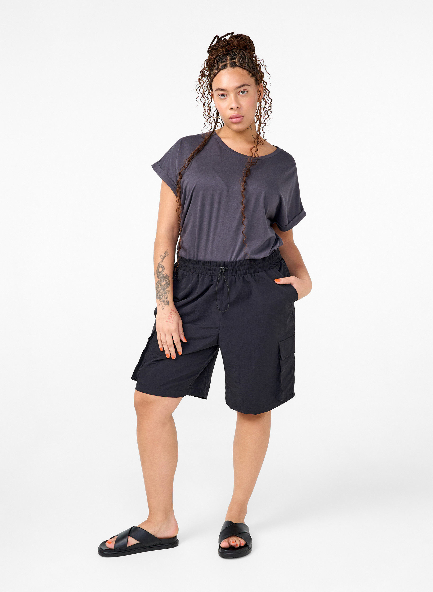 Zizzi T-shirt met korte mouwen van katoenmix, Grijs, Model image number 1