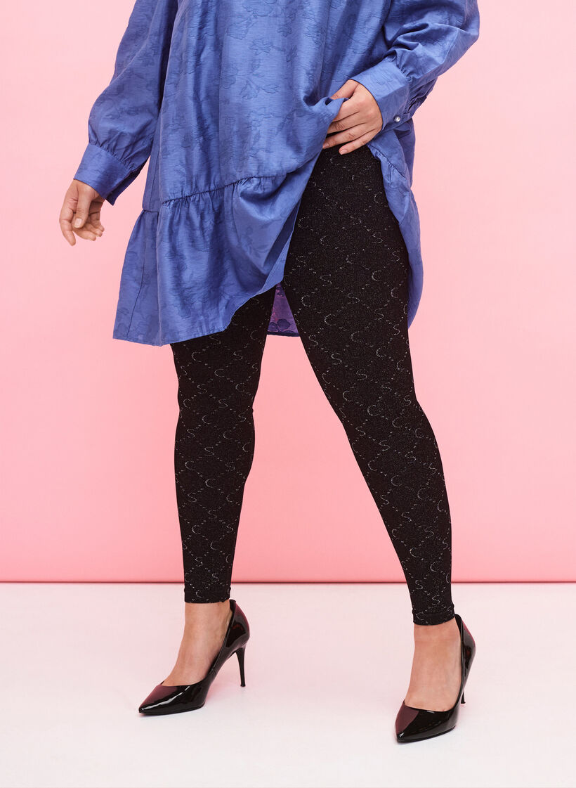 Naadloze legging met zilverkleurig patroon, Black, Model image number 0