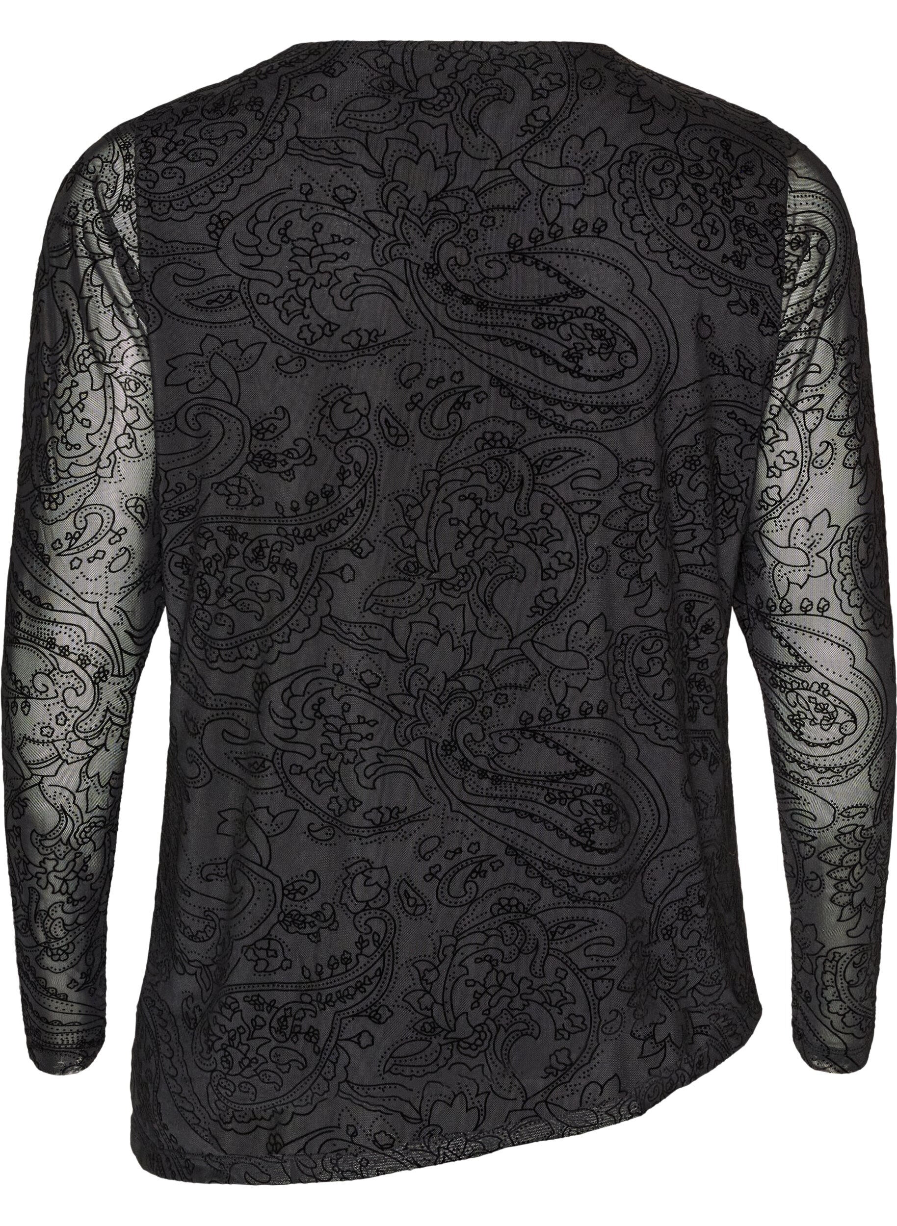 ZizziMesh blouse met paisleyprint en asymmetrische zoom, Zwart, Packshot image number 1