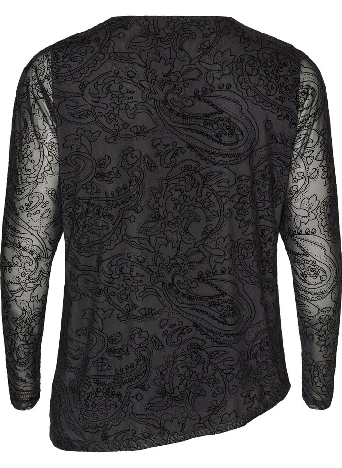 Mesh blouse met paisleyprint en asymmetrische zoom, Zwart, Packshot image number 1