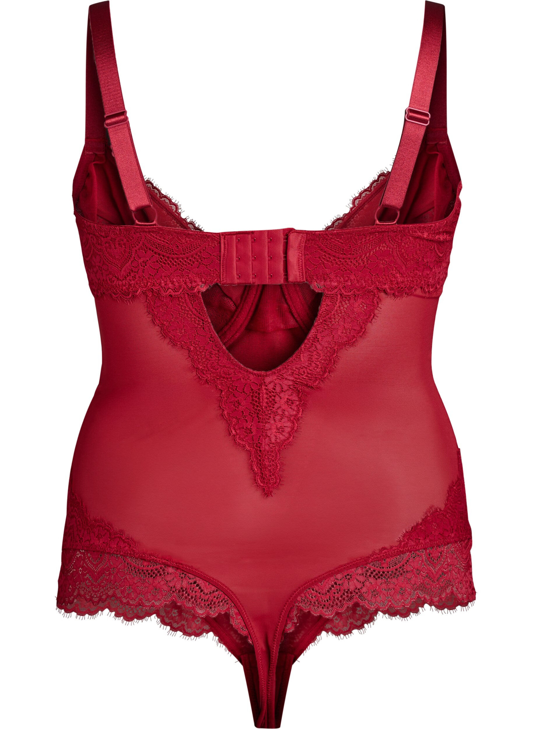 Zizzi Mesh bodysuit met kant en beugel, Rood, Packshot image number 1