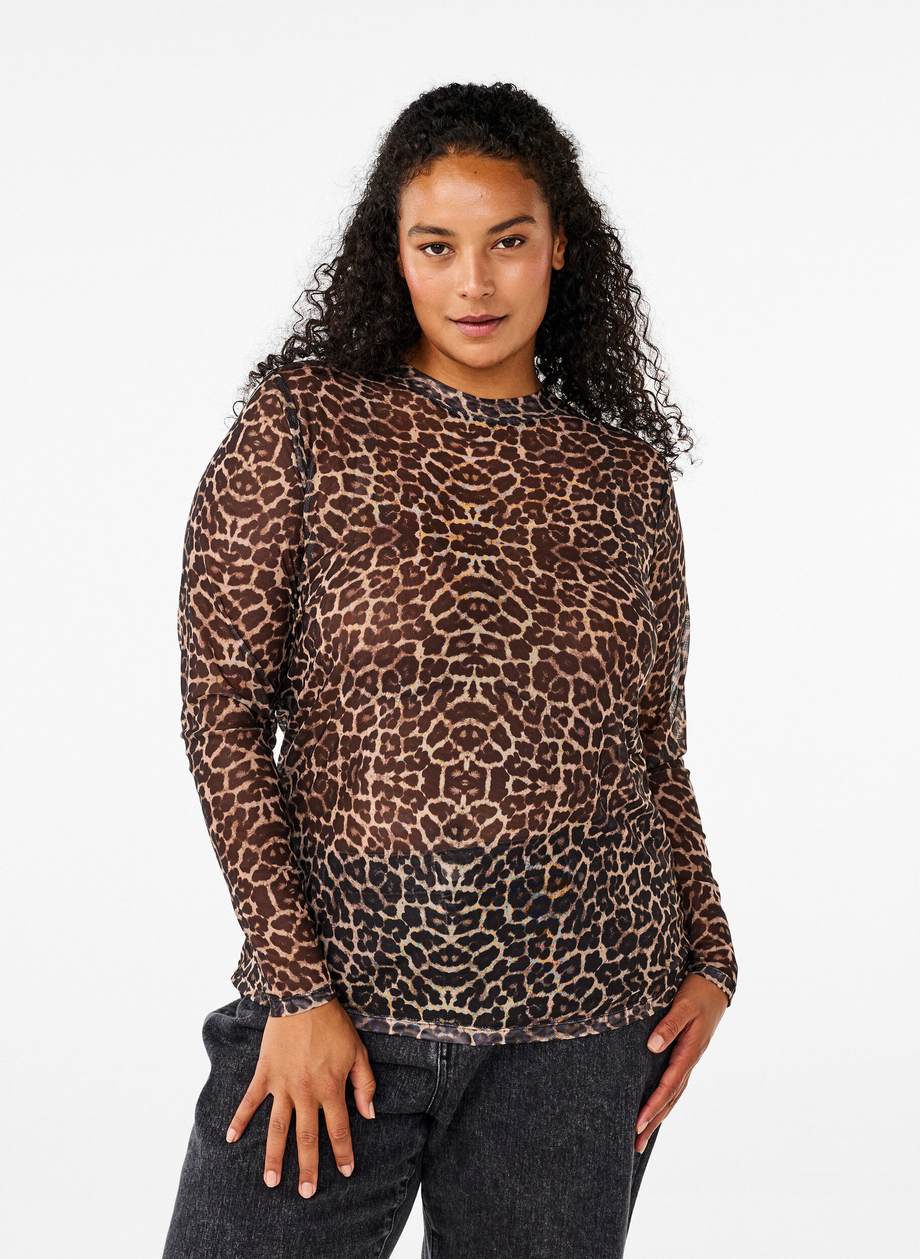 Zizzi Mesh blouse met stippen, Bruin, Model image number 0