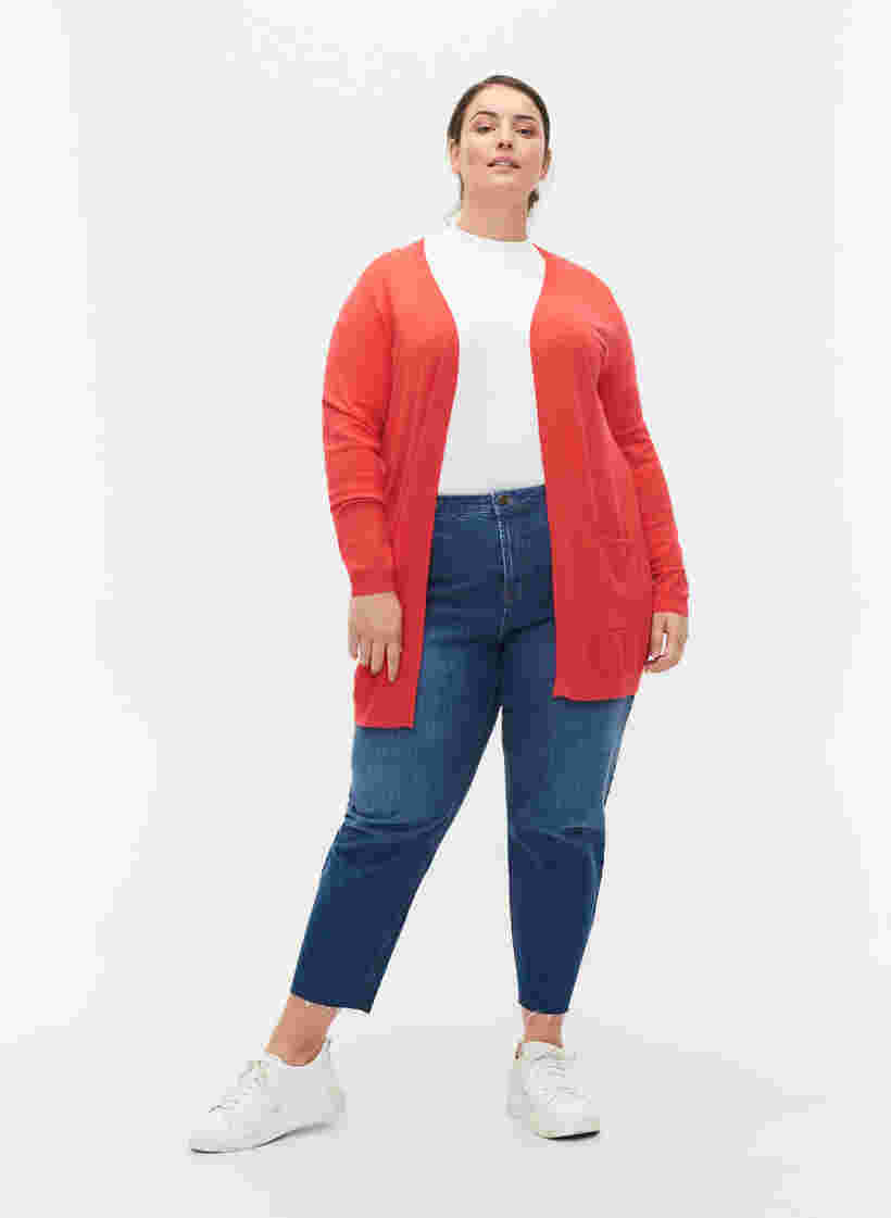 Lang gebreid vest in viscosemix, Poppy Red, Model image number 2