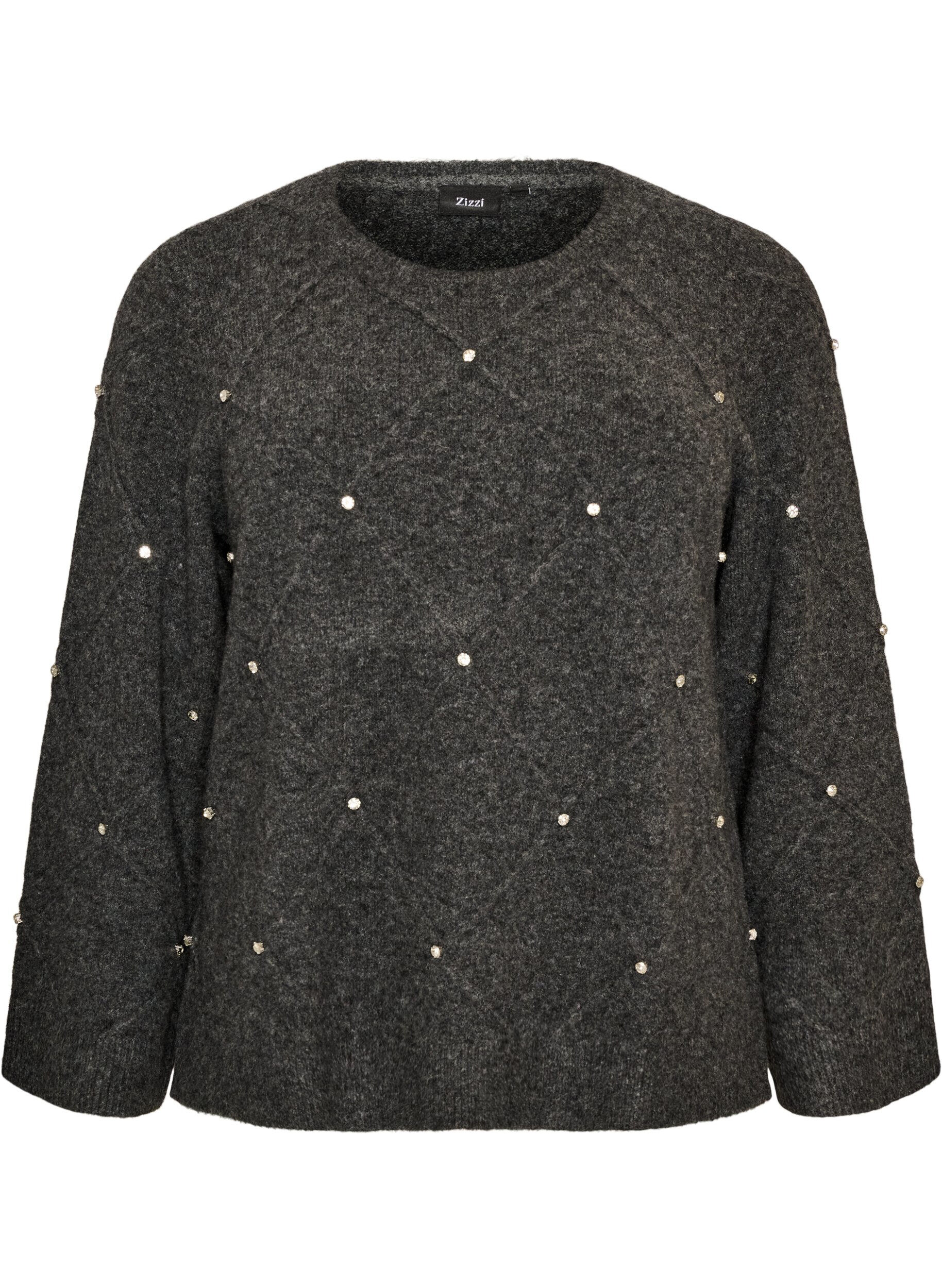 ZizziGebreide blouse met strassteentjes en ruitpatroon, Grijs, Packshot image number 0