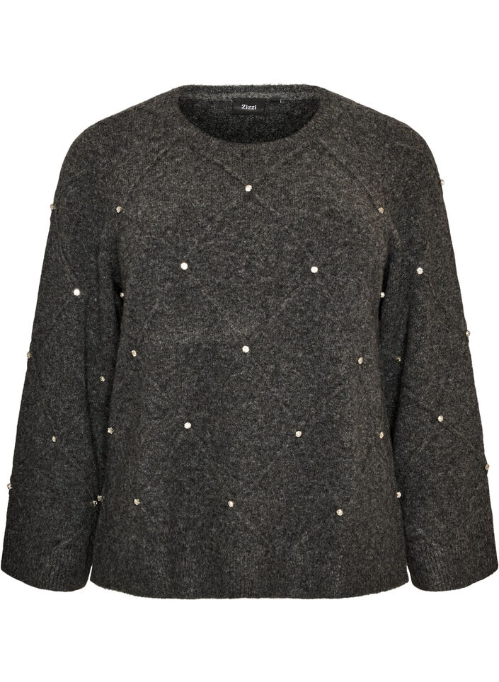 Gebreide blouse met strassteentjes en ruitpatroon, Grijs, Packshot image number 0