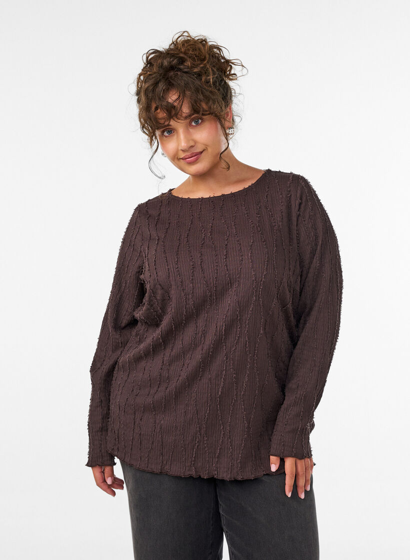 Jersey blouse met een golvende textuur, Bruin, Model image number 0
