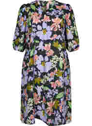 Gebloemde viscose midi-jurk met 3/4-mouwen, Purple Green Flower