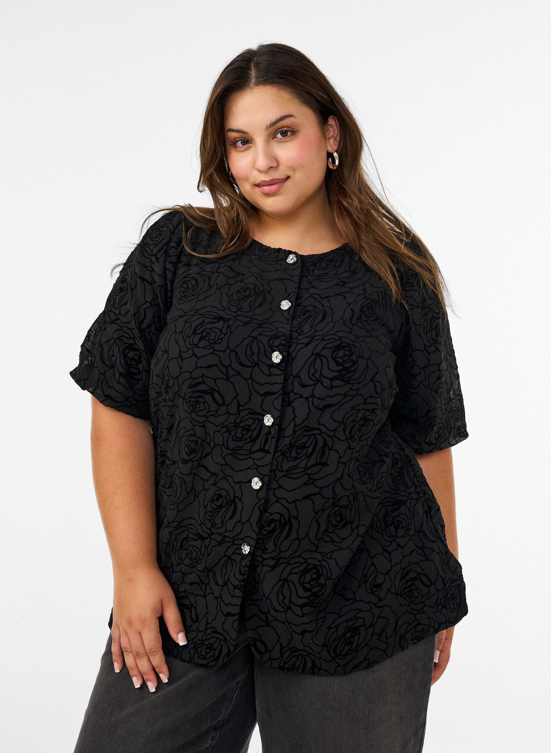 ZizziBlouse met bloemenpatroon en ballonmouwen, Zwart, Model image number 0