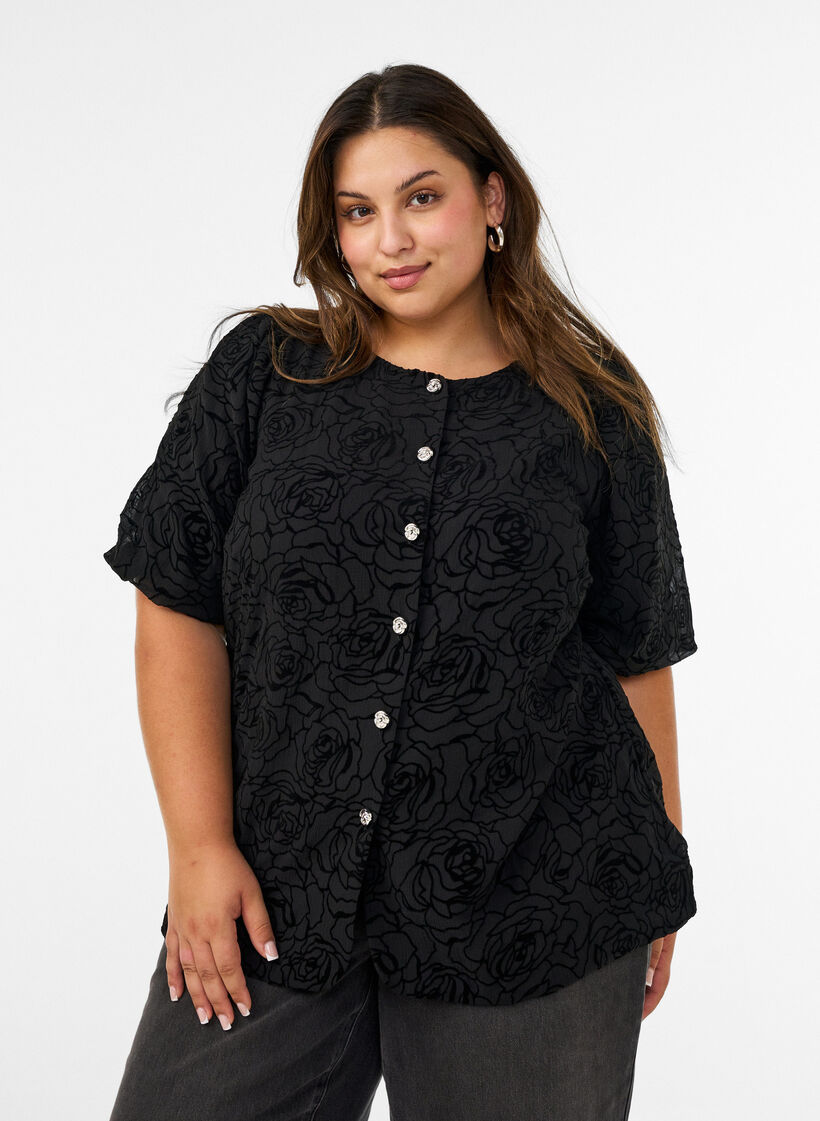 Blouse met bloemenpatroon en ballonmouwen, Zwart, Model image number 0