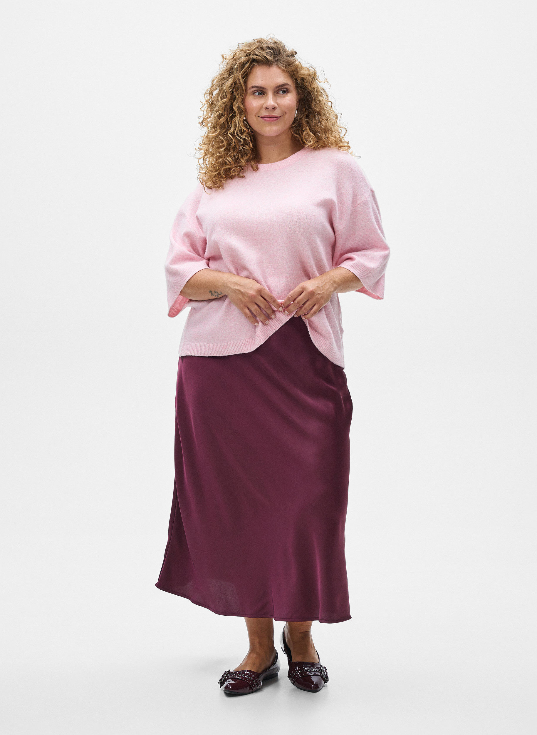 ZizziLos gebreide shirt met korte mouwen, Roze, Model image number 1