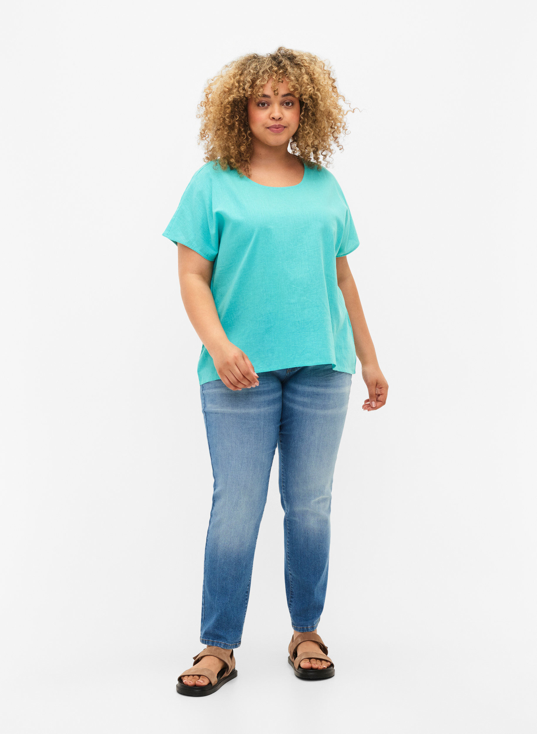Zizzi Katoenen blouse met korte mouwen van katoenmix met linnen, Turquoise, Model image number 2