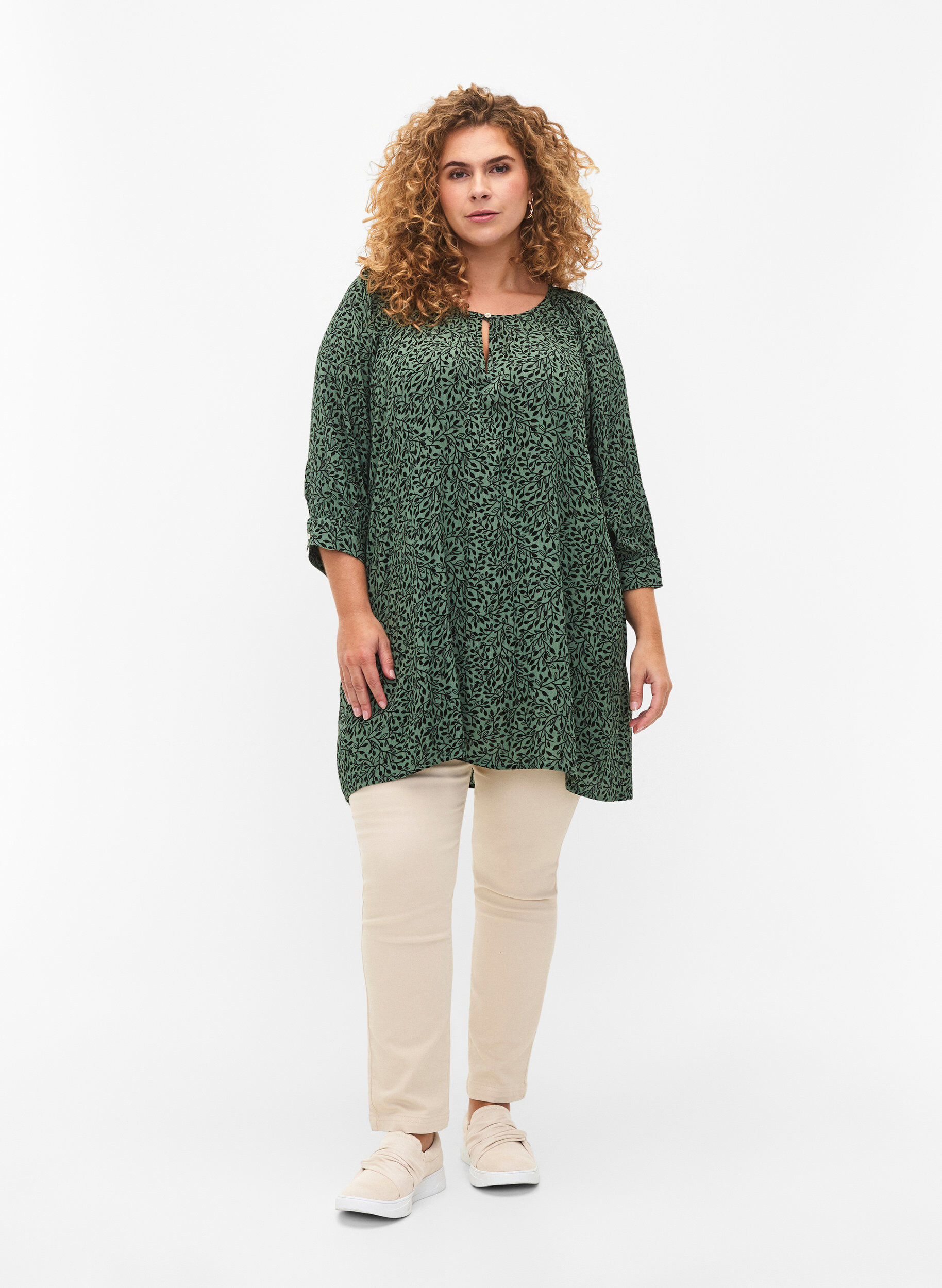 Zizzi Tuniek van viscose met print en 3/4 mouwen, Green AOP, Model image number 2