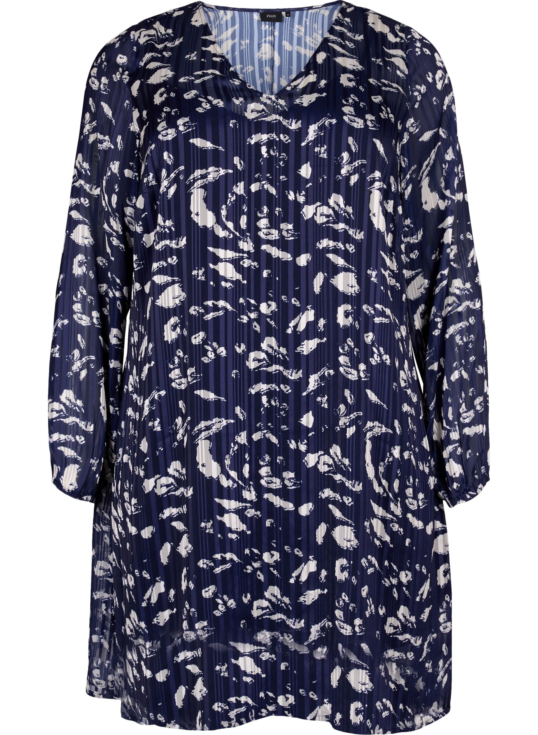 Zizzi Jurk met lange mouwen V-hals en print, Blue Leaf AOP, Packshot image number 0