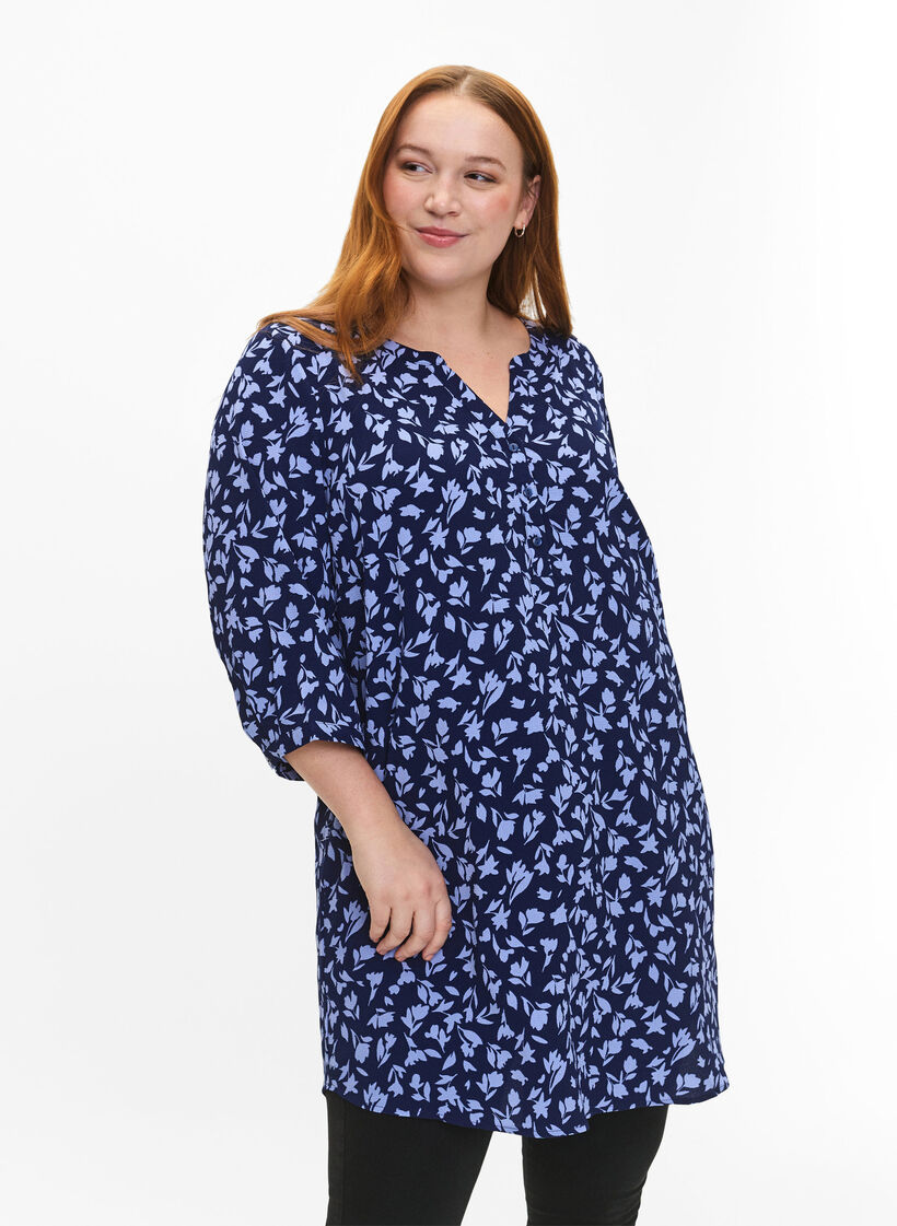 Gebloemde tuniek met 3/4 mouwen, M. Blue Flower AOP, Model image number 0
