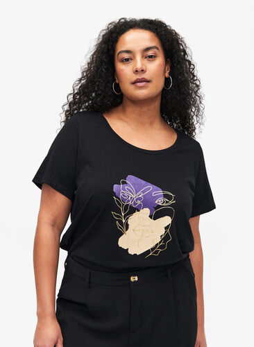 Katoenen T-shirt met motief, Black w. Face Foil, Model image number 0