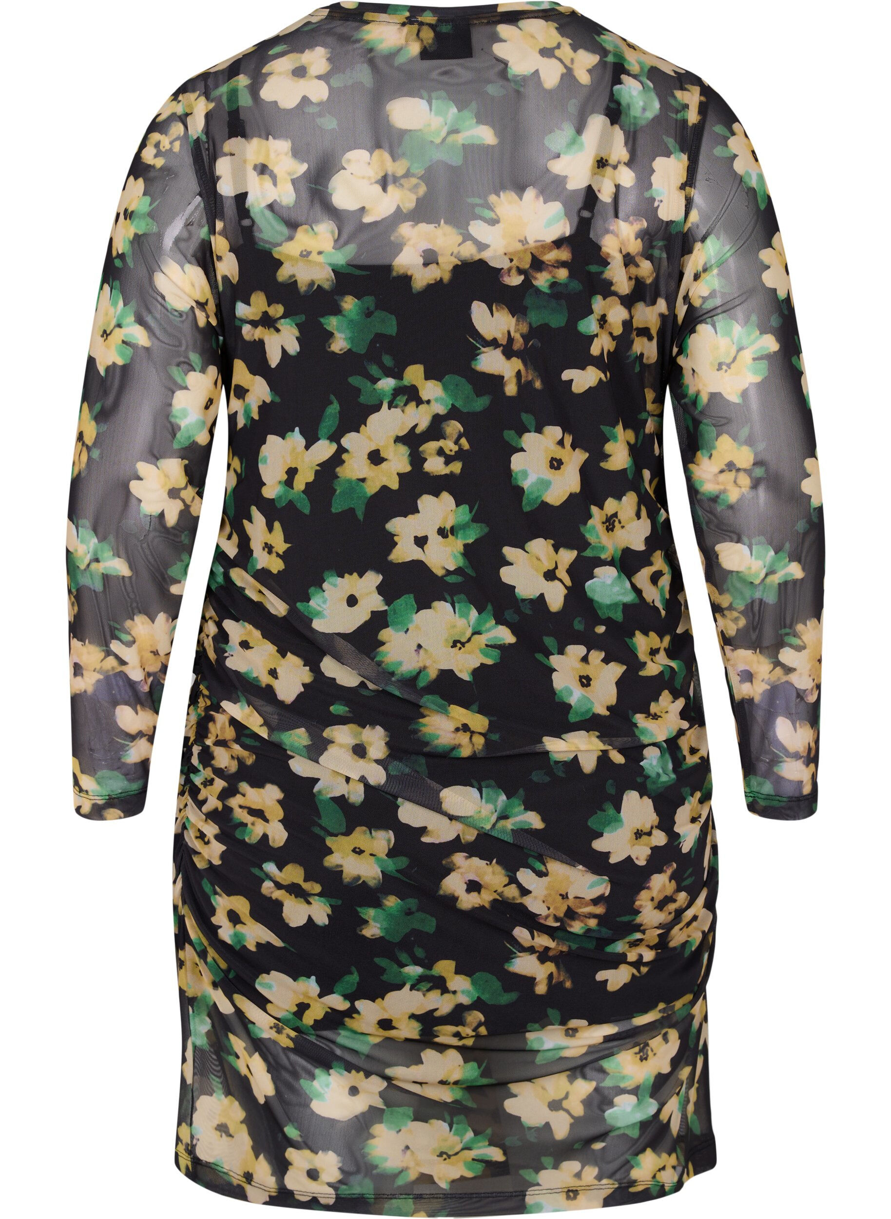 Zizzi Nauwsluitende mesh jurk met 3/4 mouwen, Yellow Green AOP, Packshot image number 1