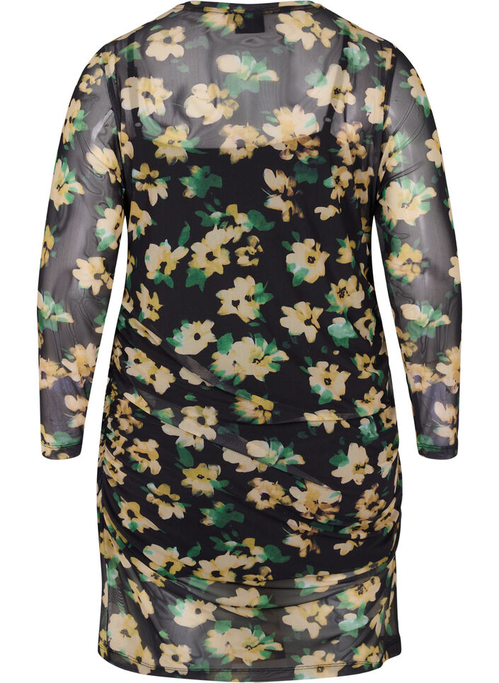 Nauwsluitende mesh jurk met 3/4 mouwen, Yellow Green AOP, Packshot image number 1