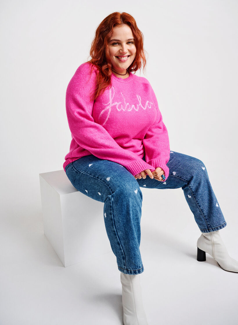 Gebreide blouse met geborduurde tekst, Raspberry Rose, Image image number 0