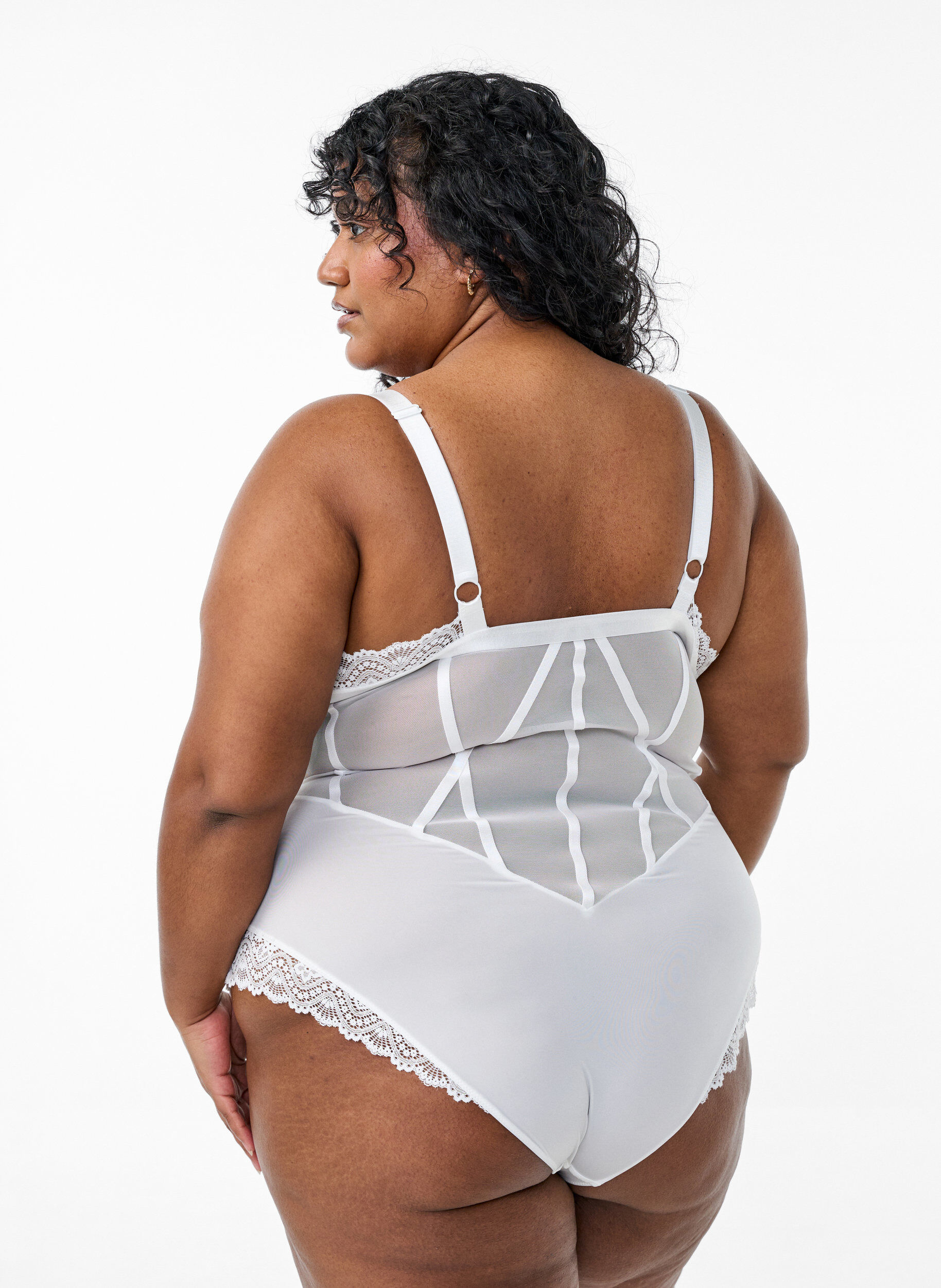 Zizzi Bodysuit met kanten en stringdetails, Wit, Model image number 1
