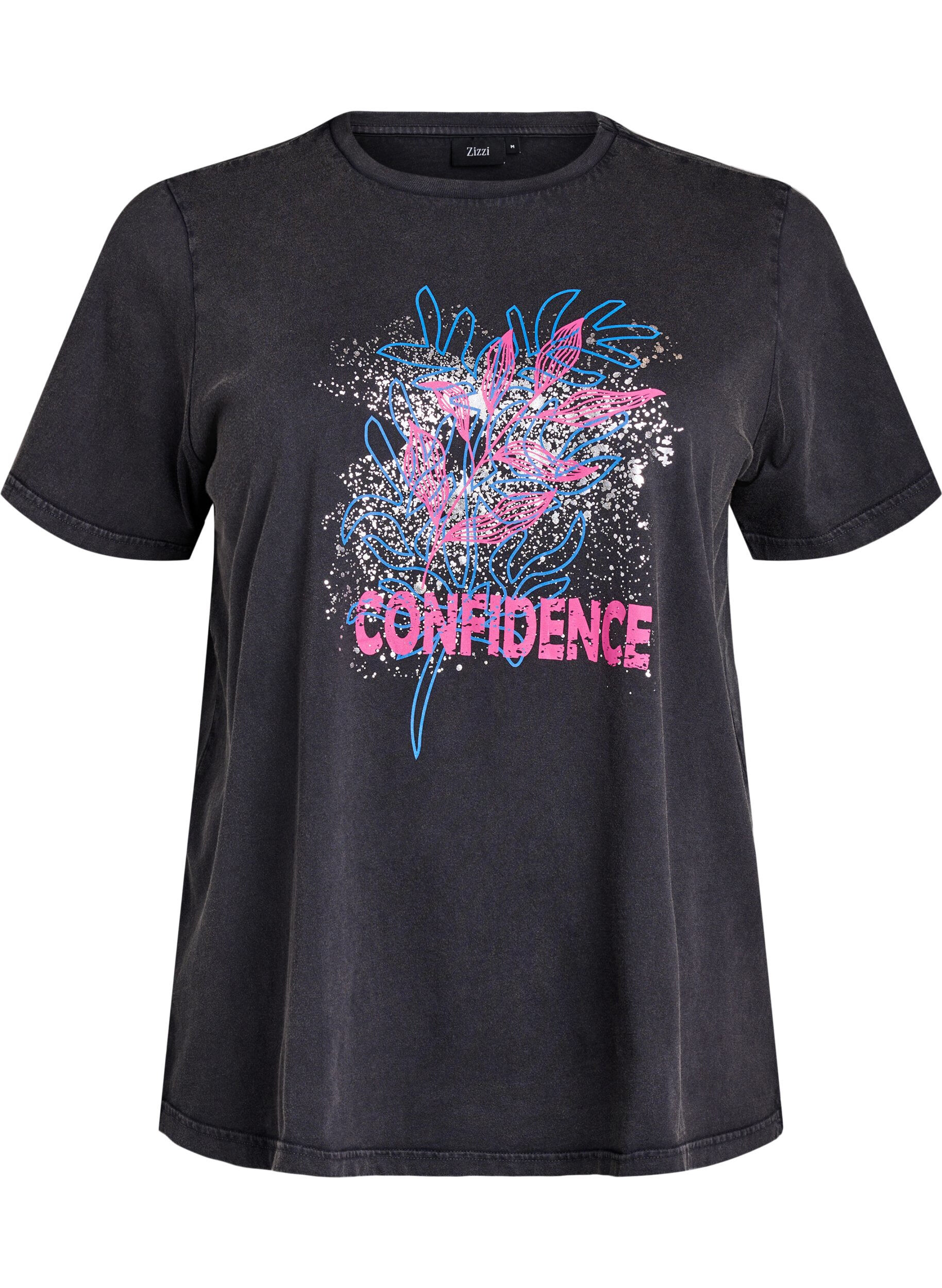 Zizzi T-shirt in biologisch katoen met een coole print, Grijs, Packshot image number 0