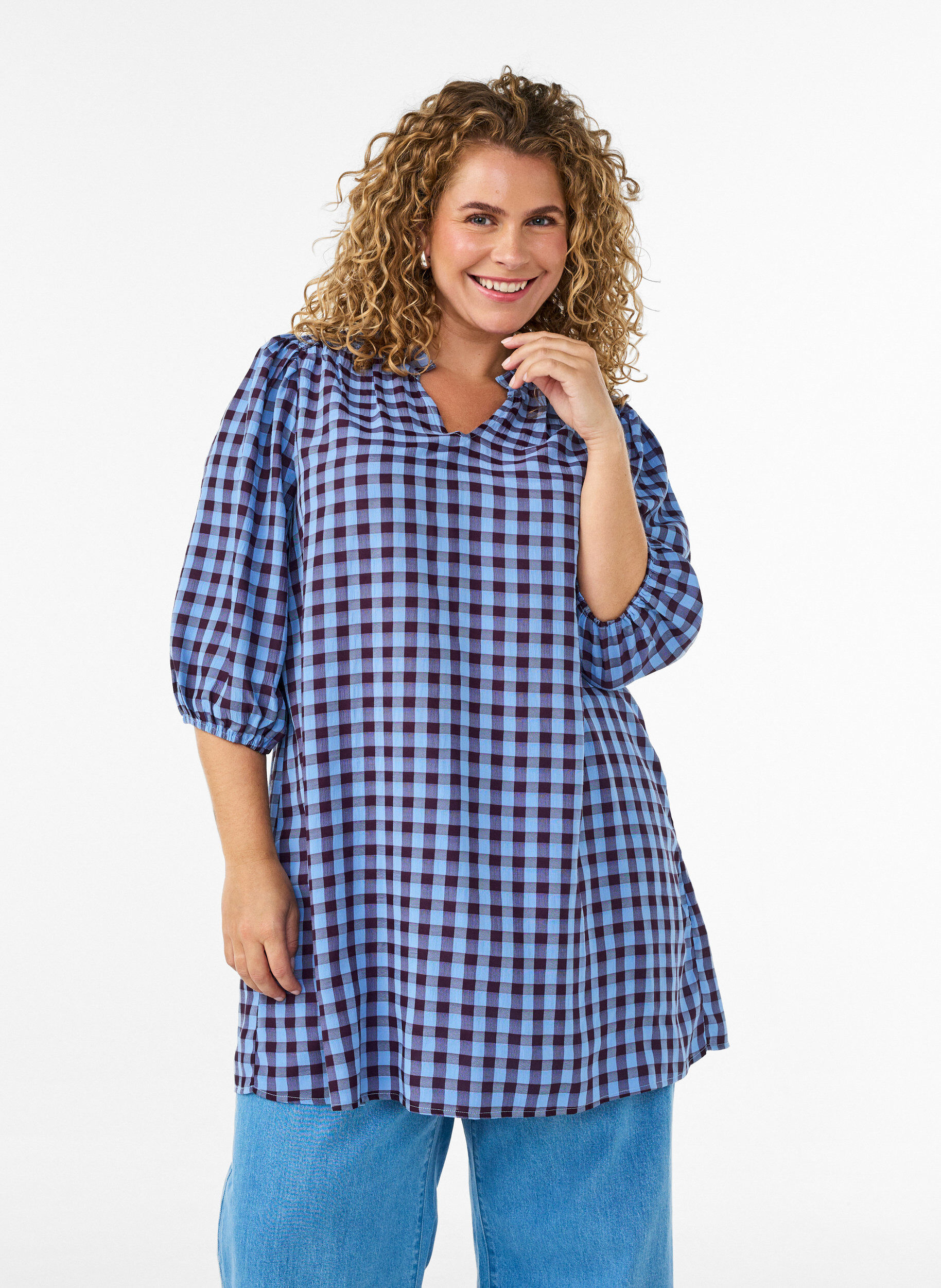 ZizziTunic met ginghamruit en ruchekraag, Blauw, Model image number 0