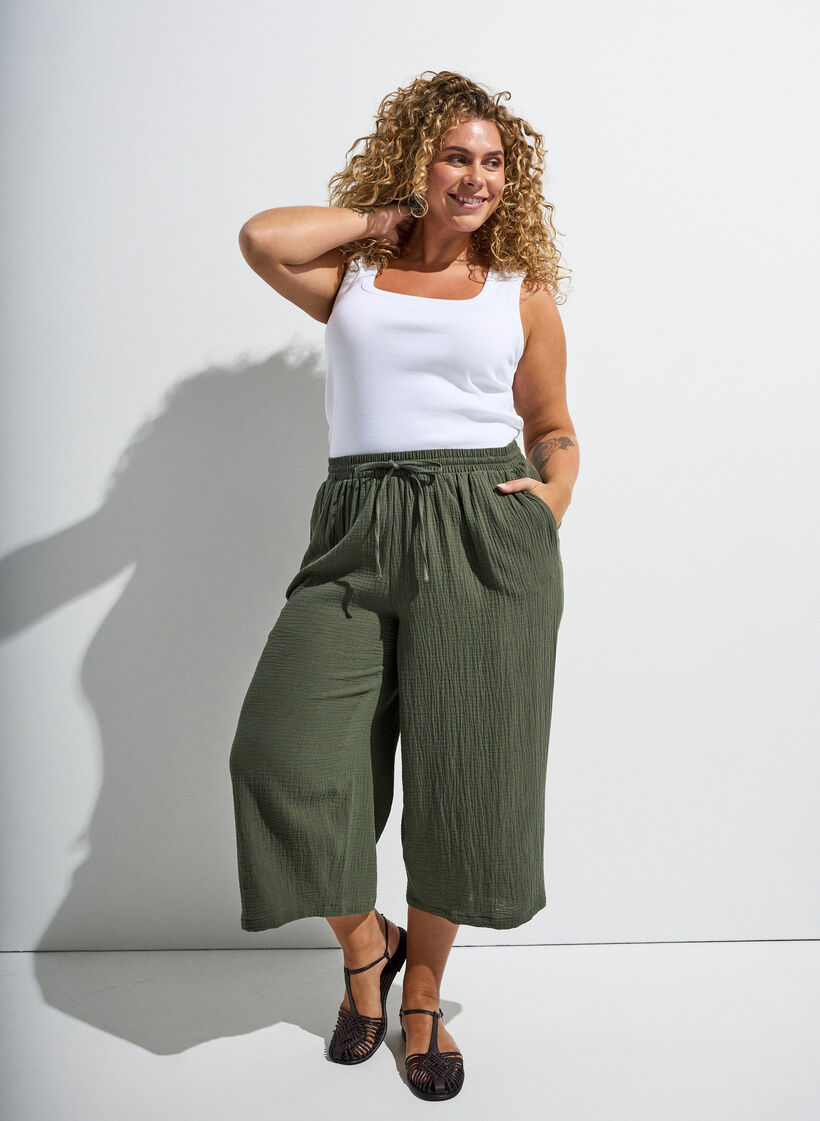 Culotte broek van katoen met hoge taille, Groen, Image image number 0