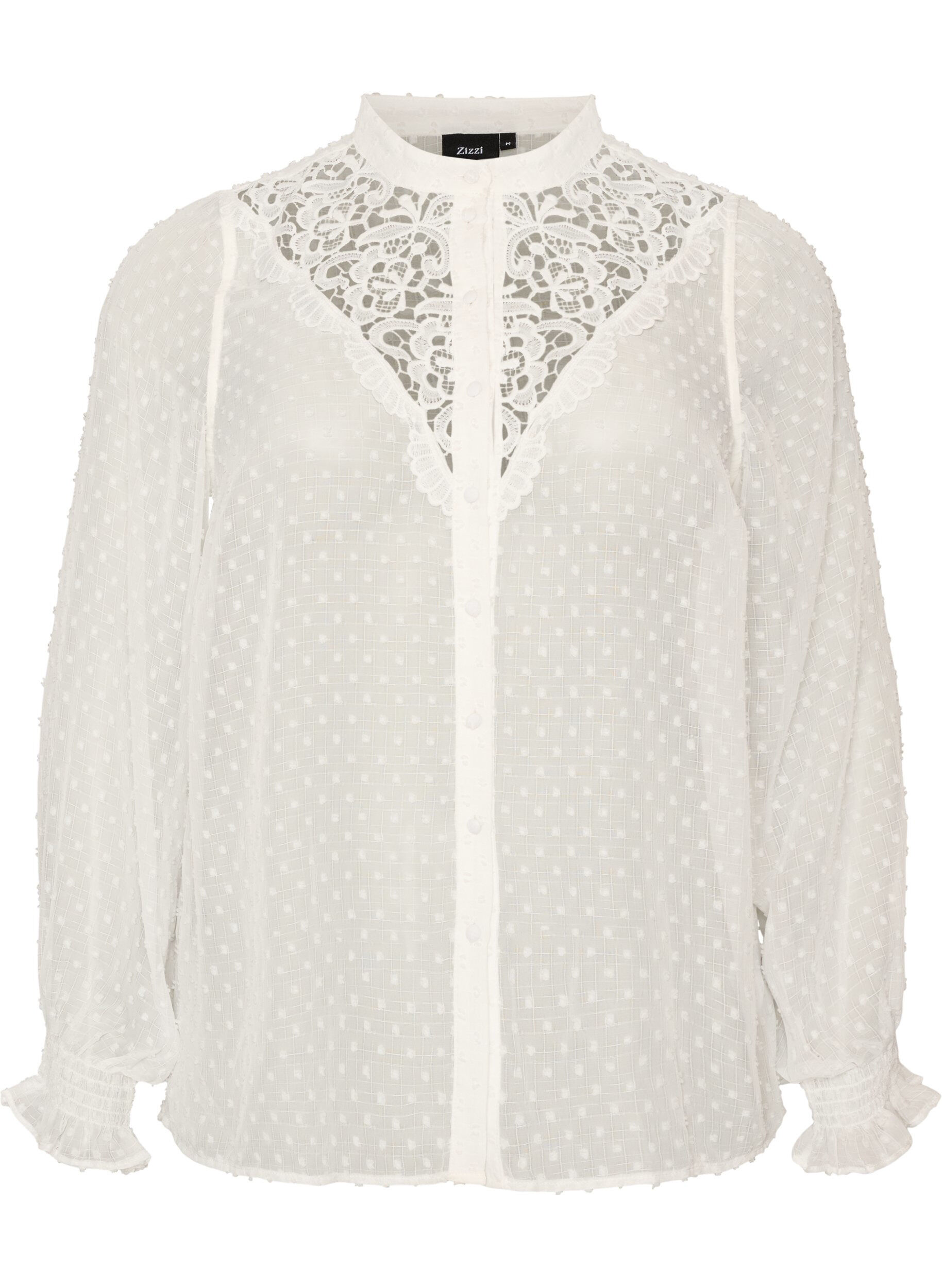 ZizziOverhemdblouse met kanten inzet en stippenpatroon, Vanille, Packshot image number 0