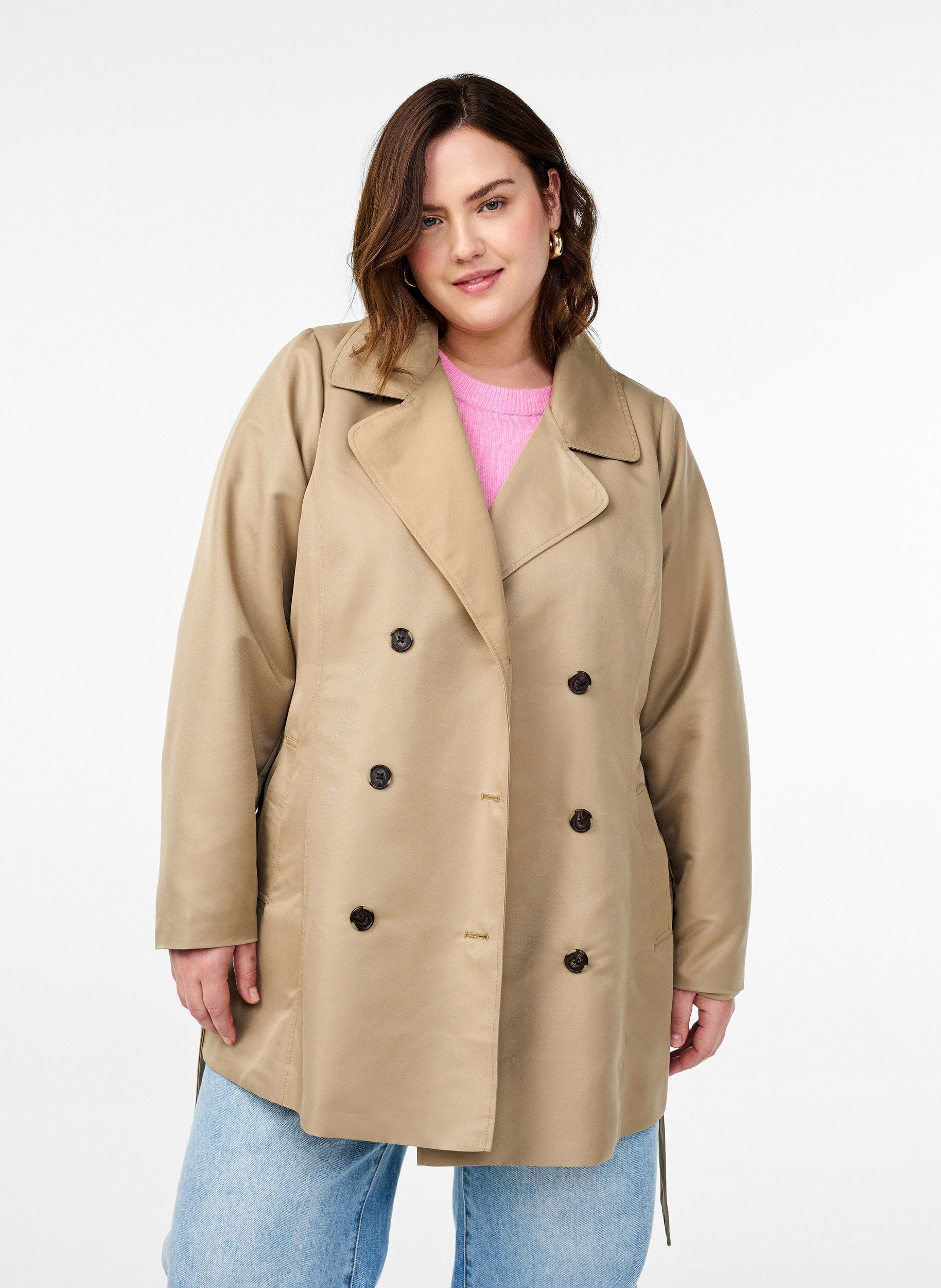 Korte trenchcoat met riem, Beige, Model