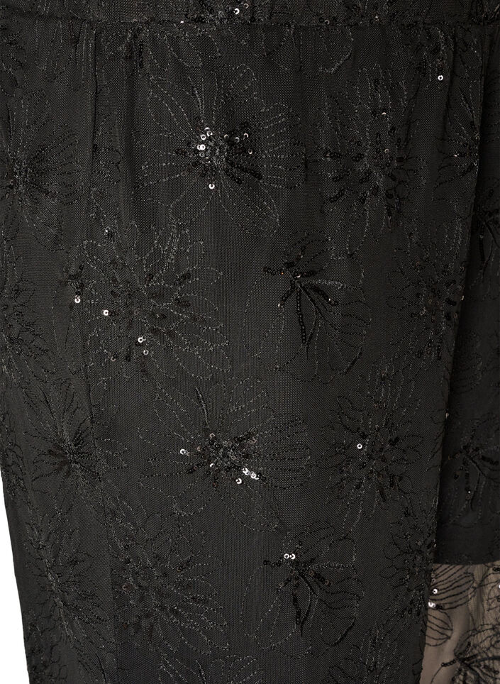 Broek met mesh en bloemenborduursel en pailletten, Zwart, Packshot image number 2