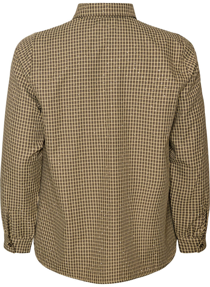 Shirt met klein ruitpatroon en strasstenen, Bruin, Packshot image number 1