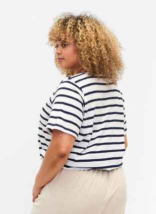 Gestreept katoenen t-shirt met v-hals, Bright White Stripe, Model image number 1